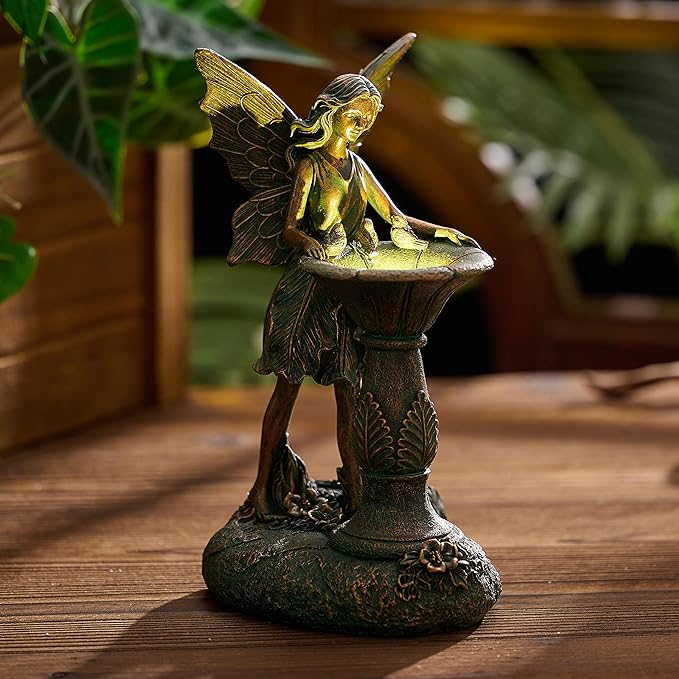 TERESA'S COLLECTIONS Fairy Garden Statues with Solar Outdoor Light for Outdoor Decor, Bronze Fairy Resin Garden Sculptures & Statues for Garden Decor, Yard Art for Lawn Housewarming Gifts for Mom 9.4"