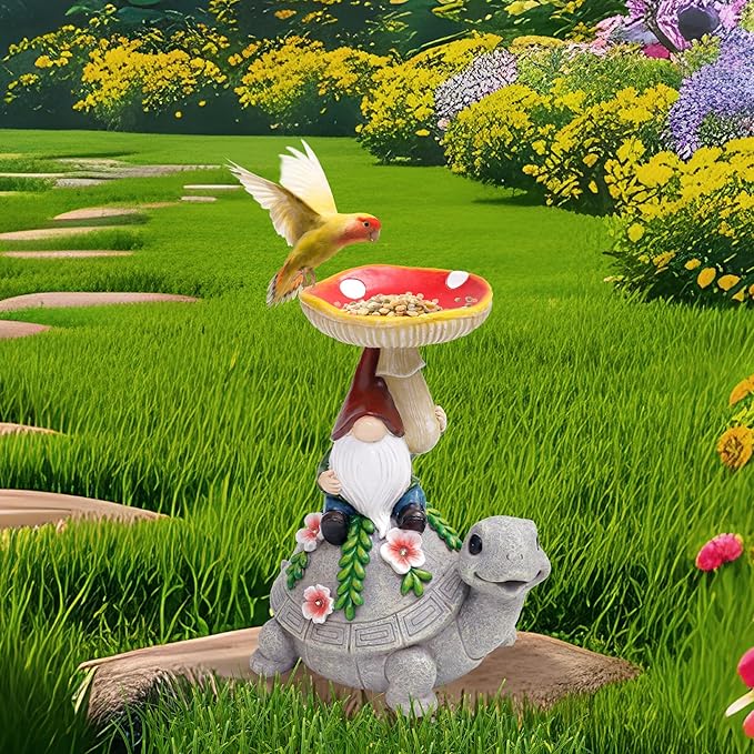 Turtle Garden Statue with Mushroom Bird Bath Outdoor Decor, Gnome Bird Feeder with Solar LED Light Waterproof for Yard Lawn Outdoor Decorations, Easter Gifts to Women Birthday Mother's Day