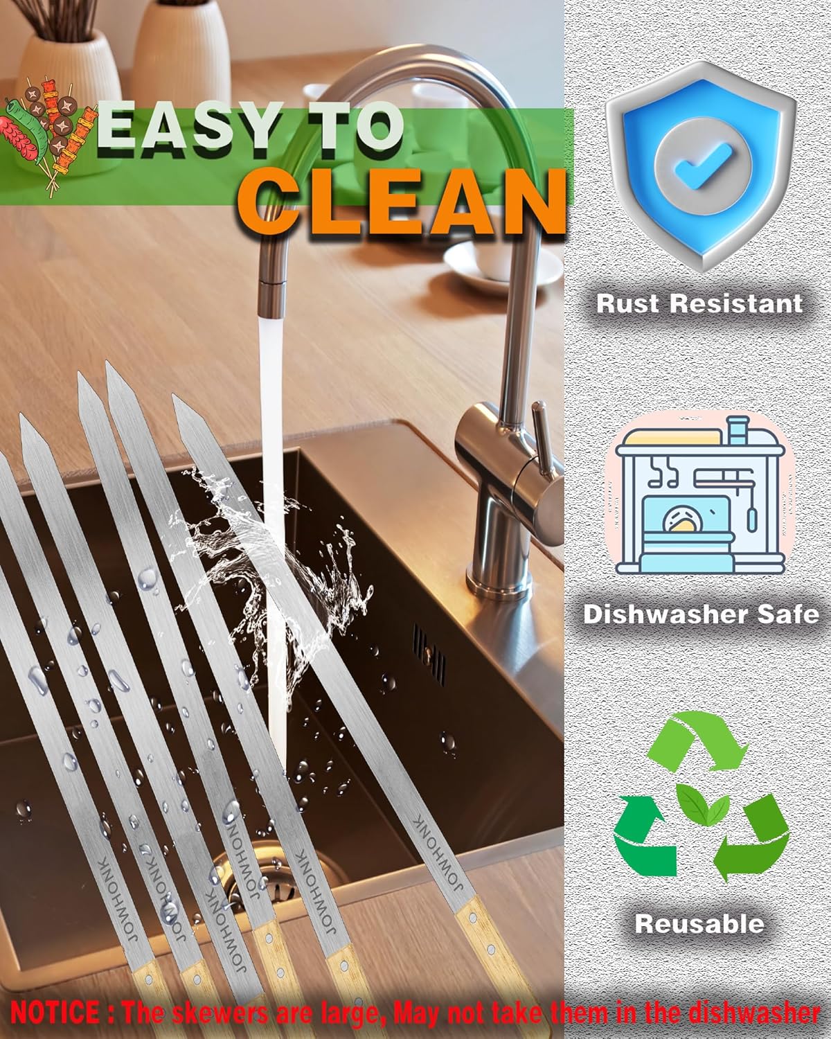 23.5" Long Skewers for Grilling,1 Inch Wide,304 Stainless Steel Skewer for Kabobs with Wood Handle,Heavy-Duty Metal Flat Barbecue Skewer Set Includes 4PCS BBQ Skewers,1PCS BBQ Mop Brush