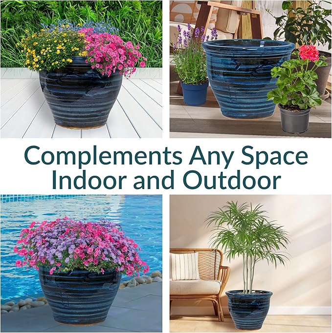 Sunnydaze Studio Large Ceramic Plant Pot - Round Outdoor Glazed Ceramic Planter Pot with Drainage - Galaxy Blue - 18.5"