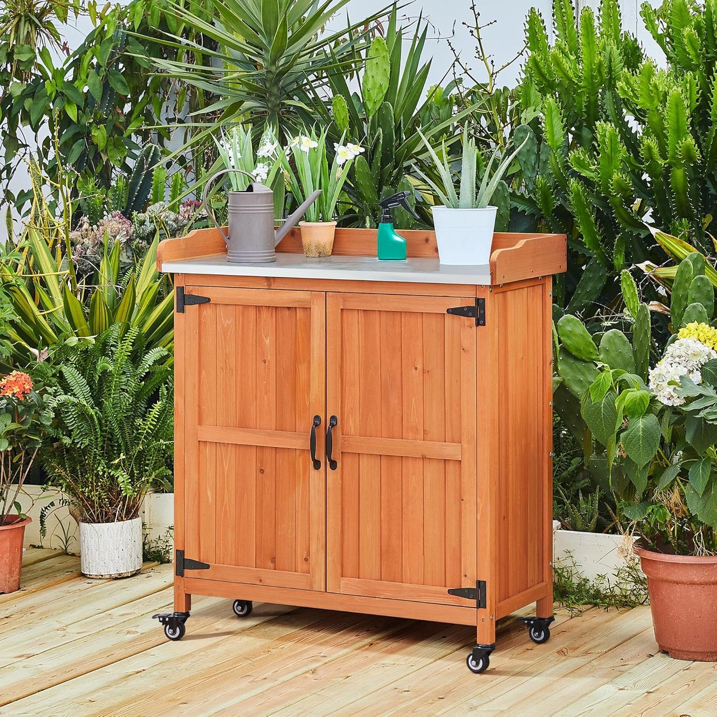 Yaheetech Garden Potting Bench Table - Outdoor Garden Patio Wooden Storage Cabinet & Solid Wood Planting Work Bench with Large Space Storage & Metal-Plated Tabletop, Brown