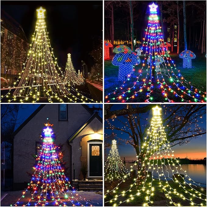 BlcTec Outdoor Christmas Decorations with Remote, 317 LED Color Changing Christmas Lights with 9 Strands 11.9ft Waterfall Lights, 11 Modes, Waterproof & Timer for Xmas Décor, Multicolor & Warm White