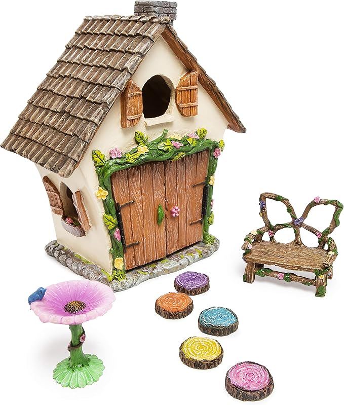 Meadow & Oak Fairy House Kit, Outdoor Fairy Garden Kit for Kids & Adults, Fairy Garden House with Doors That Open & Fairy Garden Accessories, Magical Fairy Garden Set Includes Adorable Accessories