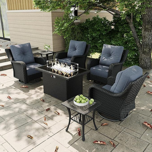 7 Pieces Outdoor Patio Furniture Sets with Rocking Swivel Chairs with 6-inch Thick Cushion and Fire Pit Table for Deck Lawn