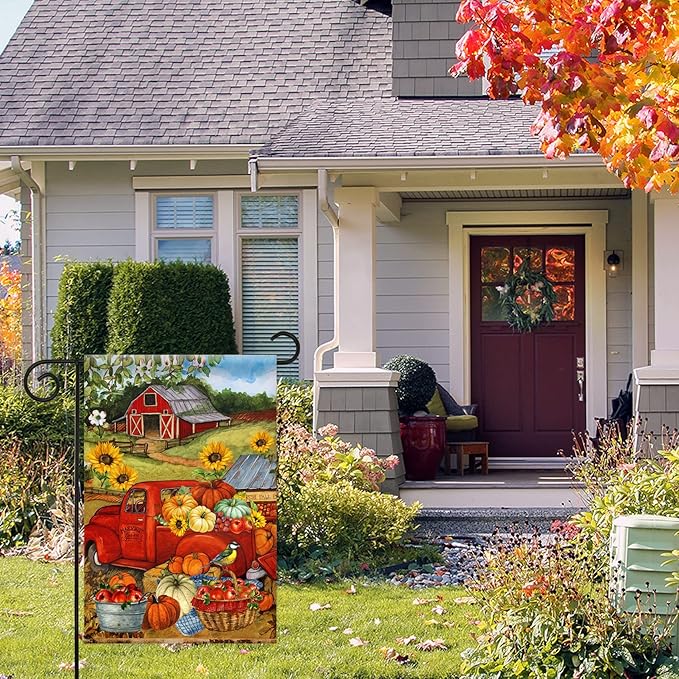 Morigins Autumn Harvest Farm Truck Fall Pumpkin Garden Decorations Double Sided FarmHouse Outdoor Garden Flag 12.5 x 18 Inch