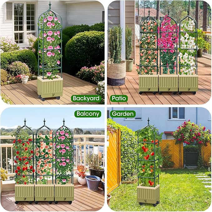 Raised Garden Bed Planter Box with Trellis, 71" Self-Watering Tomato Planter with Wheels for Climbing Vegetable and Plants, Tomato Cage Planters for Indoor Outdoor Patio Greenhouse Gardening (1Pack)