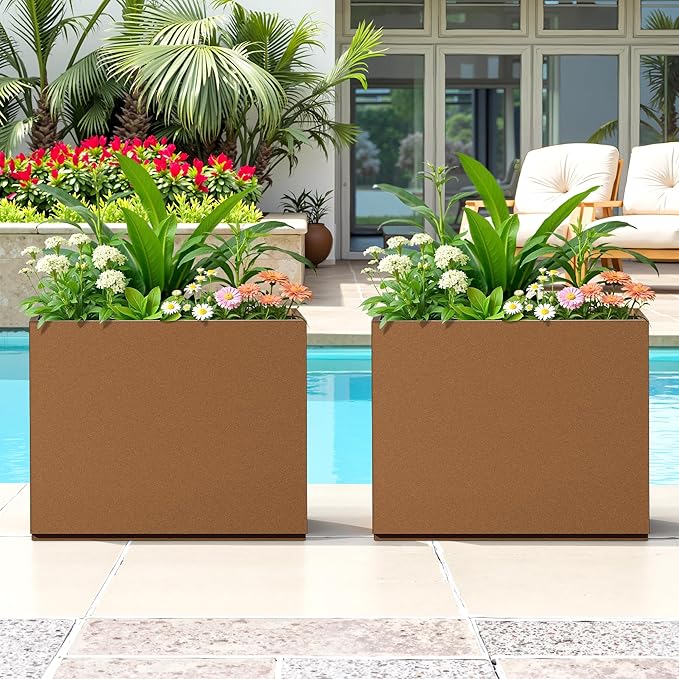 FENCY Metal Planter Box, Large Rectangular Planters for Outdoor Plants, Outdoor Tall Planters with Drainage Holes, Brown Metal Planters (30" L x 12" W x 24" H)