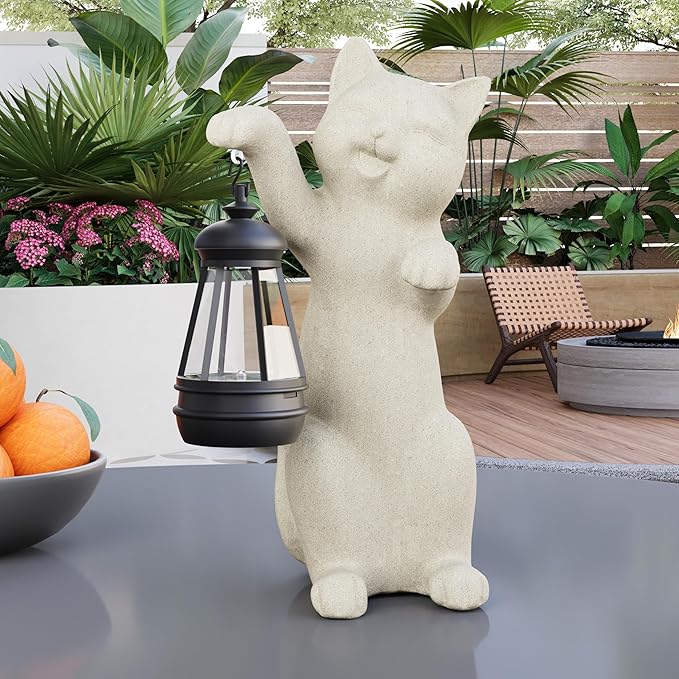 Solar Powered Garden Resin Statue Lights, 10 Inch Waterproof Outdoor Animal Cute Cat Figurine Lights, Suitable for Patios, Balconies, Lawns, Courtyards, Etc. (Hand)