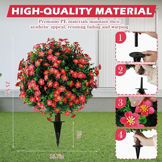 Sunnyglade Set of 2 Artificial Boxwood Topiary Ball Trees with Red Flower, Faux Shrub Bushes with Ground Spike 25.5", UV Resistant Fake Boxwood Plants for Indoor, Garden, Porch, Patio Decor (Red)