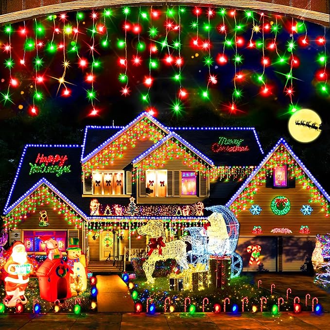 Hezbjiti Christmas Lights Decorations Outdoor, 1600LED 164FT Ice Fairy Lights 8 Modes 320 Drops Fairy String Lights for Christmas Decor Eaves Party Yard Garden
