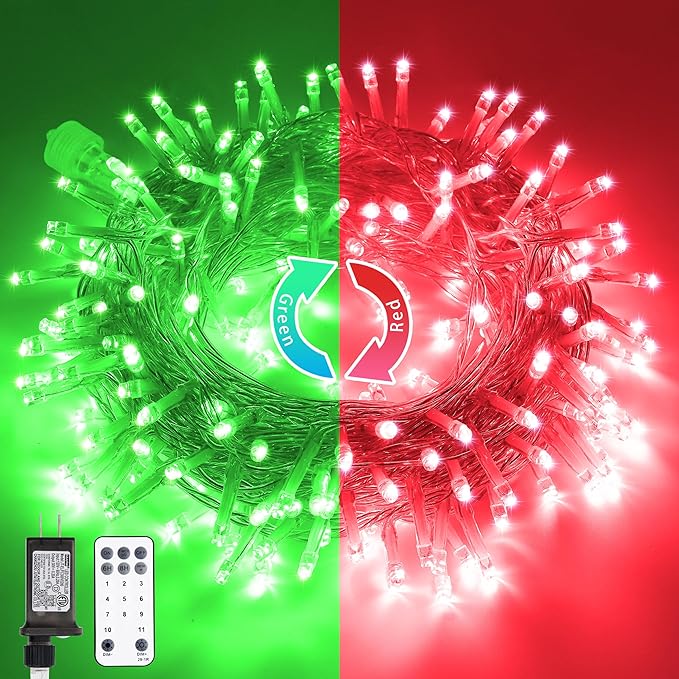 JMEXSUSS 200 LED Christmas String Lights Outdoor, Red & Green Christmas Lights Clear Wire, 11 Modes Connectable Twinkle String Lights Plug in for Christmas Halloween Garden Home Decorations