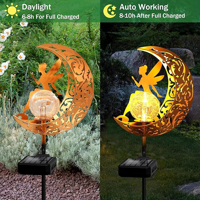 ZNYCYE Fairy Garden Lights,Decorative Solar Stake Crackle Glass Globe with Moon Fairy Decor, Pathway Stake Lights Waterproof for Walkway, Yard, Lawn, Patio or Courtyard (2 Pack)