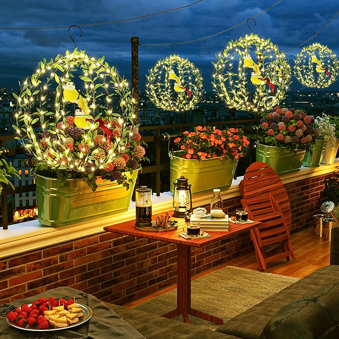 Joomer Solar Lights Outdoor, 2 Pack 12in 120 LED Solar Hanging Light Balls Outdoor, 8 Modes Waterproof Foldable Metal Sphere Light with Hook for Outside Hanging - Warm White(Ball with Green Leaf+Bird)