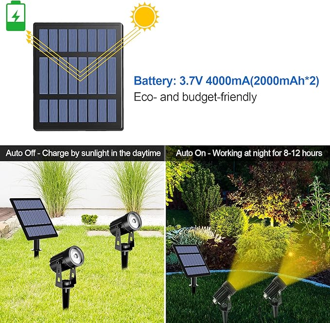 T-SUN 2W Solar Spotlights, LED Solar Powered Landscape Lights Outdoor Waterproof Solar Security Wall Lights Auto ON/Off Dual Head Light for Garden Yard Patio(Cold White)