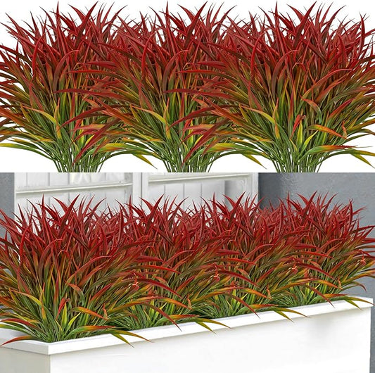 Ouddy Decor 16 Bundles Artificial Plants Outdoor Fake Grass Greenery Stems UV Resistant Faux Plastic Plants Shrubs for Autumn Home Garden Pathway Farmhouse Front Porch Harvest Thanksgiving Decor, Red