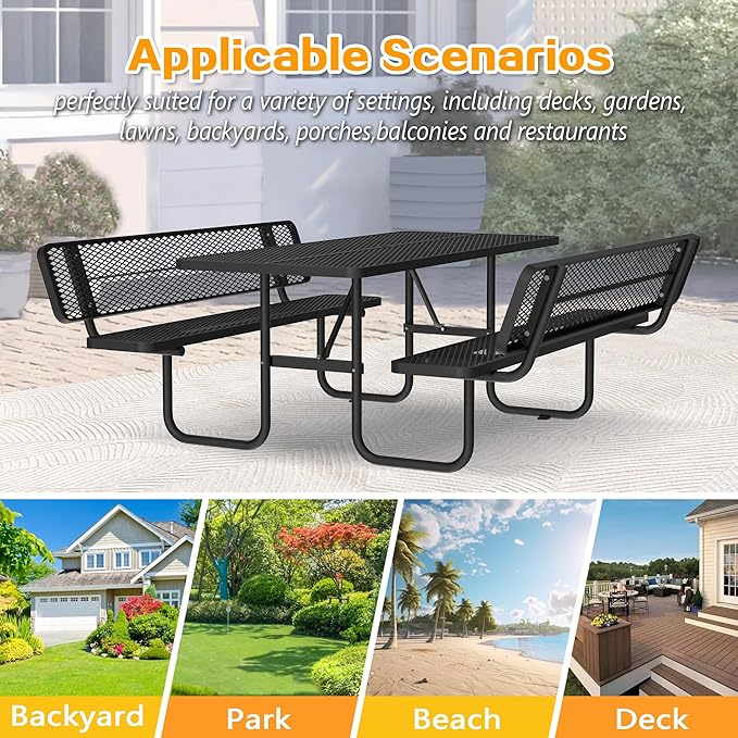 79'' Steel Rectangular Picnic Table for Outdoors, with backrest, Expanded, Lifetime Picnic Table with Umbrella Hole, Heavy Duty Sturdy Commercial Picnic Tables for Garden Courtyard BBQ, Black