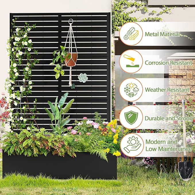 Trellis for Climbing Plants Outdoor，Mental Garden Bed with Drainage Holes Outdoor Privacy Screen Design Tall planters for herb Flower Vegetables 73"x47"x16", Black-Louvered