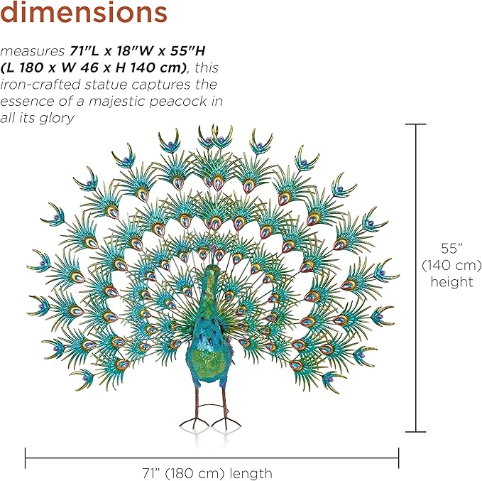 Alpine Corporation HEH376 Jumbo Sized Iron Majestic Peacock Decor, Elegant Garden & Patio Bird Statue, 55" H, Green