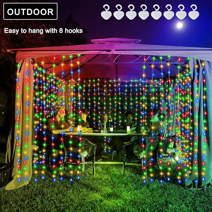 echosari Solar Curtain Lights 7.9ft x 6ft 144 LED Outdoor Curtain Lights Waterproof with Timer 8 Modes for Christmas Garden Patio Fence Wedding Wall Window Gazebo Decor - Multicolor