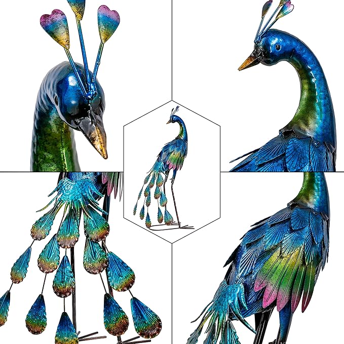 TERESA'S COLLECTIONS Outdoor Decor Peacock Yard Art Garden Sculptures & Statues,Blue Small Metal Bird Lawn Ornaments,18" Outside Mardi Gras Decorations for Porch,Patio,Pond Decor,Gifts for Mom
