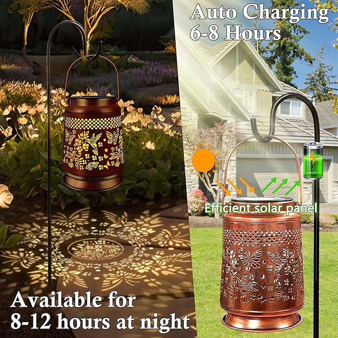 KY&BOSAM Solar Lanterns Outdoor Waterproof Hummingbird & Butterfly Lantern Garden Decor Birthday Gifts for Women Mom Metal Solar Lights Outdoor Lantern Hanging Outside for Yard Backyard Pathway Patio