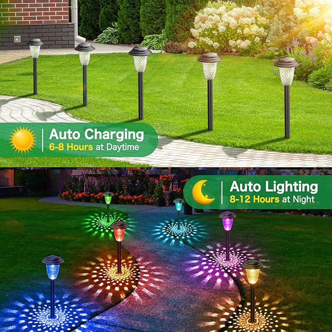 Solar Pathway Lights, 8 Pack Bright Color Changing/Warm White Solar Lights Outdoor Waterproof Solar Garden Lights, Outdoor Lights Solar Powered Landscape Path Lights for Yard, Walkway, Lawn