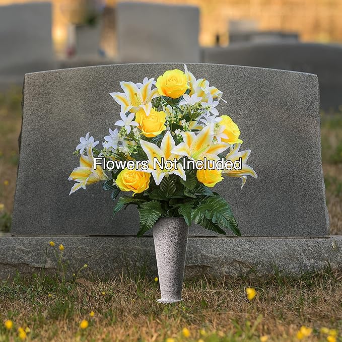 Cemetery Vase with Stakes - Plastic Flower Vases with 2 Ground Spikes, Draining Holes - for Garden, Lawn, Yard - Memorial Grave Decorations 12.7x3.4x3.9, Grey Granite Design