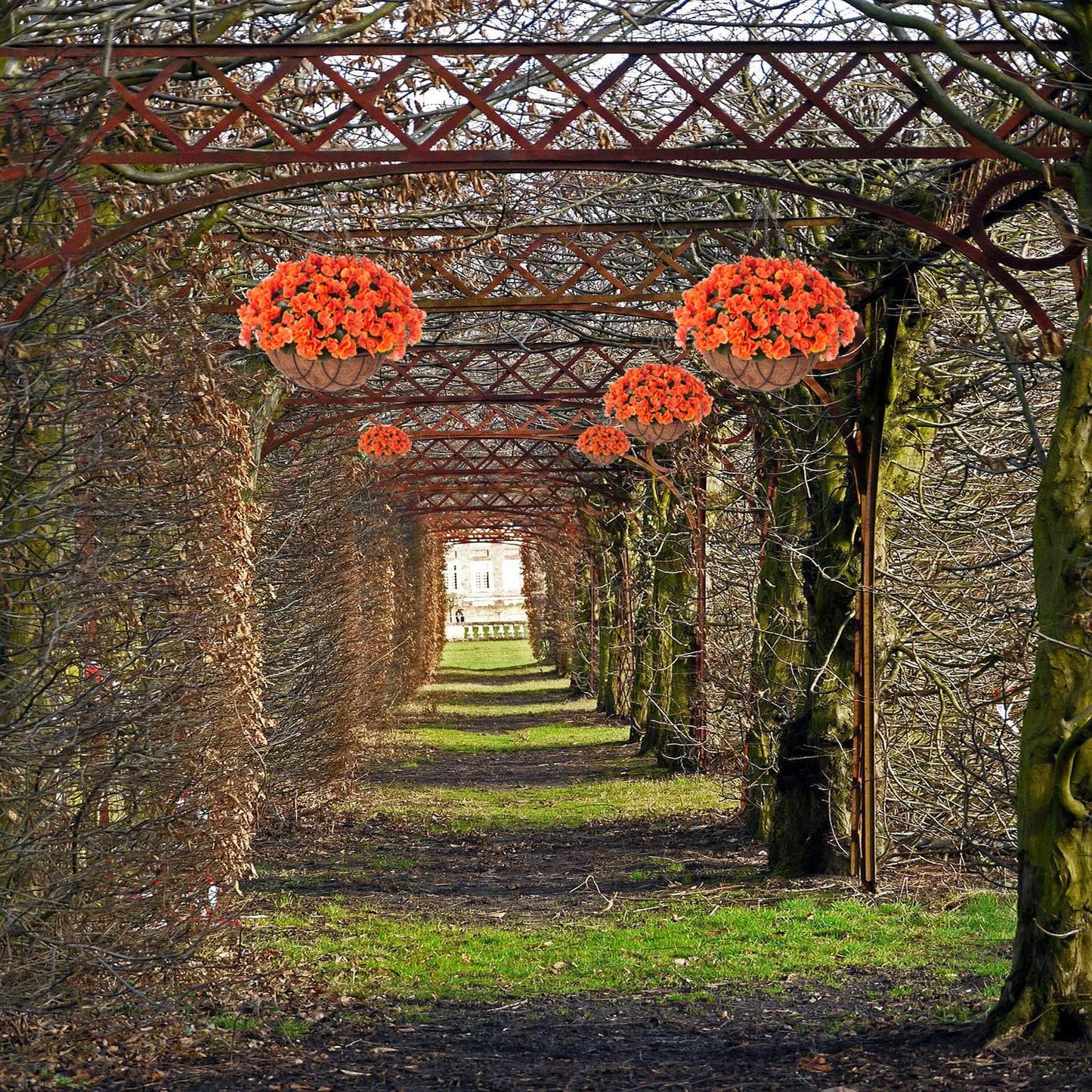 Fall Artificial Flowers with Hanging Basket for Outdoor Indoor, 4 Branches Fake Hydrangea Flowers in Coconut Lining Hanging Basket Home Courtyard Spring Summer Decor(Orange)