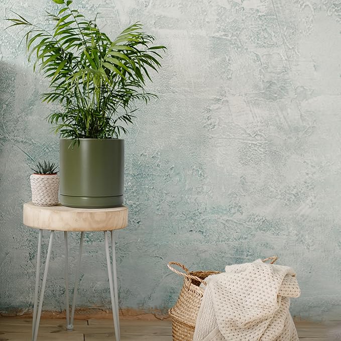 D'vine Dev 8 Inch Ceramic Planter Pot with Drainage Hole and Saucer, Indoor Cylinder Round Planter Pot, Olive, 94-O-D-J