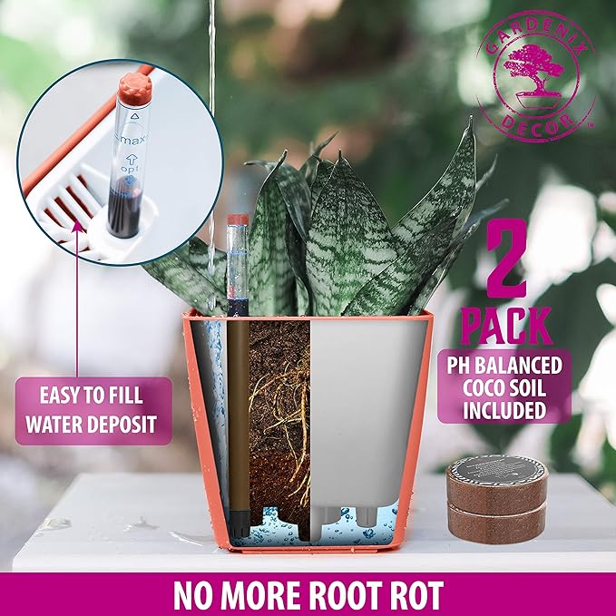 GARDENIX DECOR 5" Self Watering pots for Indoor Plants - Flower Pot with Water Level Indicator for Plants, Grow Tracking Tool - Self Watering Planter Plant Pot – 2 Pack Terracota