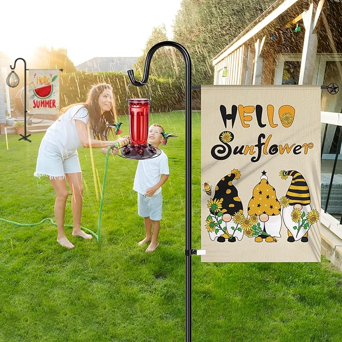 XDW-GIFTS Upgraded Garden Flag Holder Stand with Shepherd Hook for 28'' x 40'' Flags 60 in Heavy Duty Yard Flag Post Stake with 2 Spring Stoppers and 1 Clip for Outside (Without Solar Lights & Flag)