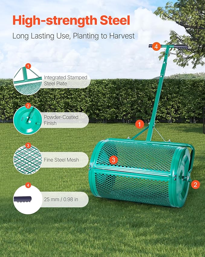 VEVOR Compost Spreader, 24 in Wide Peat Moss Spreader with Push/Tow Handle, 4 Heights Adjustable, Powder-Coated Steel Garden Peat Moss Roller, Heavy Duty Grass Seed Spreaders for Planting Seeding