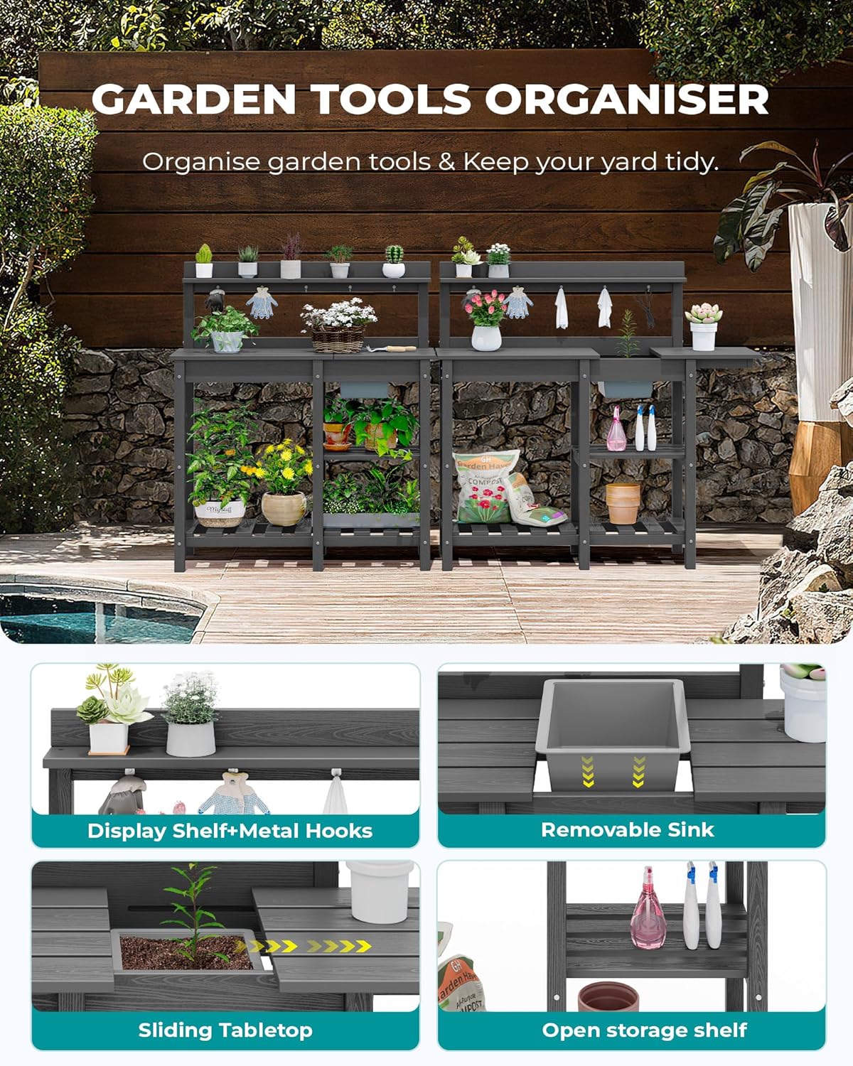 SERWALL Potting Bench Outdoor Potting Table with Sink, HDPE Potting Benches for Outside Gardening Table All Weather Use- Gray