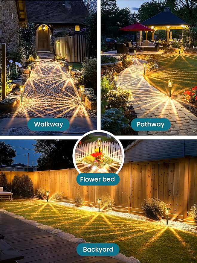Solar Lights Outdoor Waterproof,4 Pack Gold Pathway Lights with 10-40 LM Dimmable Glass and Metal, Solar Powered Garden Decor for Yard,Patio,Pathway,Driveway(Warm White)