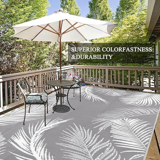 Pauwer Outdoor Rug, 6'x9', Leaf Grey, Reversible, Waterproof, Polypropylene, Lightweight, RV Mat, Patio Decor