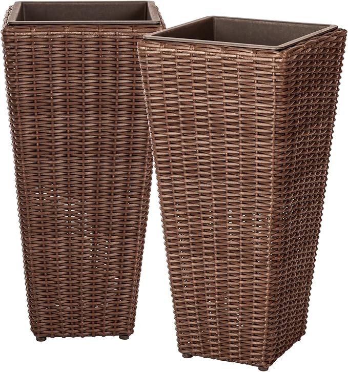 Patio Sense 62501 Alto Wicker All-Weather Planter Set with Liners Tall Plant Decor Box for Outdoors Patio Herb Garden Furnishings - Mocha - Pack of 2