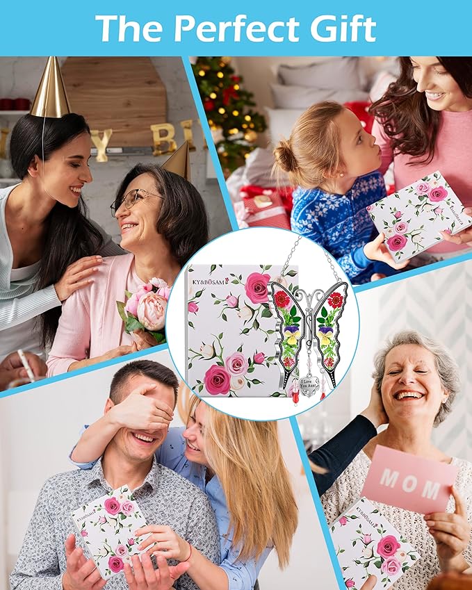 KY&BOSAM Butterfly Suncatcher I Love You Aunt Stained Glass Hanign for Window Catchers with Pressed Real Flower and Heart Charm Home Garden Decor Birthday Gifts for Aunt Mothers Day Christams Ornament