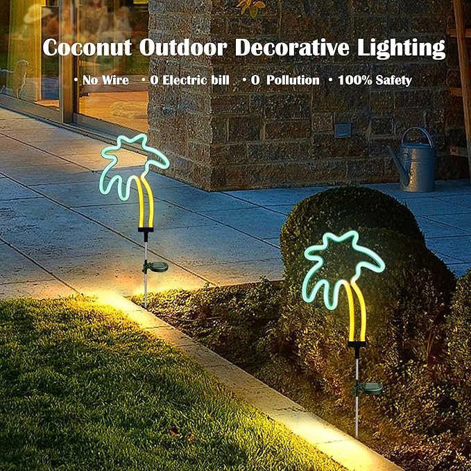 SunKite Solar Garden Lights - Coconut Solar Decorative Stake Lights Outdoor Waterproof Solar Neon Lights for Garden,Yard, Lawn, Pathway,Patio,Backyard,Pool,Hawaii Decor(2 Pack)