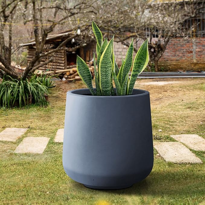 Kante 15.3" Dia Round Concrete Planter, Outdoor Indoor Large Plant Pots Containers with Drainage Hole and Rubber Plug for Home Garden Patio, Charcoal