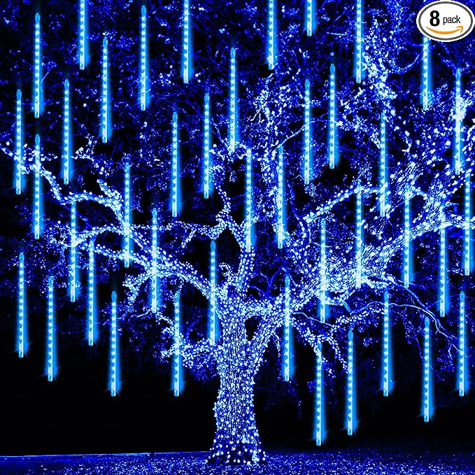 TW SHINE Christmas Lights Outdoor, 288 LED 12" 8 Tubes Meteor Shower Lights Outdoor Christmas Decorations Plug in, Waterproof Snow Falling Rain Icicle Xmas Lights for Tree Decor, Blue