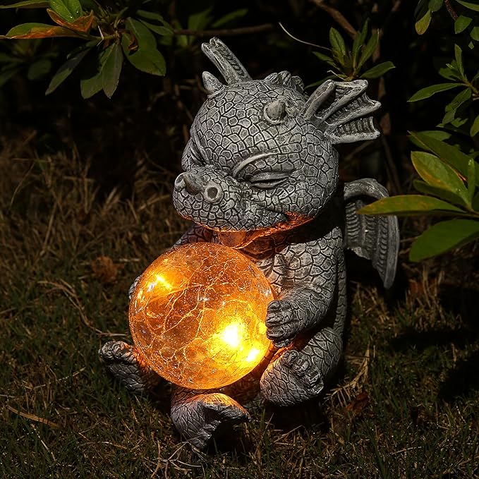 Solar Powered Dragon LED Light Garden Statue Outdoor Decorative Sculpture with Crackle Glass Ball Waterproof Yard Art Decor for Patio Lawn