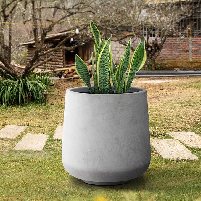 Kante 15.3" Dia Round Concrete Planter, Outdoor Indoor Large Plant Pots Containers with Drainage Hole and Rubber Plug for Home Garden Patio, Natural Concrete