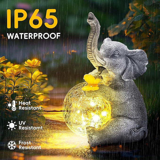 GIGALUMI Solar Garden Outdoor Statues for Women, Mom, Grandma. Glass Globe Elephant Figurine Housewarming and Birthday Gifts Elephant Statue Decor for Backyard, Patio, Balcony, Lawn, Pond