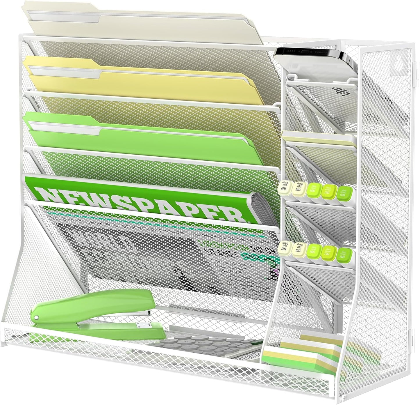 SUPEASY Wall File Organizer, 5-Tier Desk Organizer with 4 Pen Holders, Wall Organizer for Office with R-shaped Bottom Tray, Desk Organizers and Accessories for Office Supplies, White