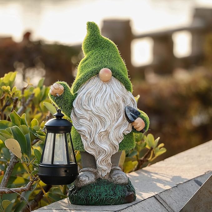 TERESA'S COLLECTIONS Christmas Outdoor Statue for Home, Resin Gnome Decorations with Solar Outdoor Lights for Garden Decor,Green Garden Sculptures & Statues for Front Patio Lawn, Gifts for Mom,8"