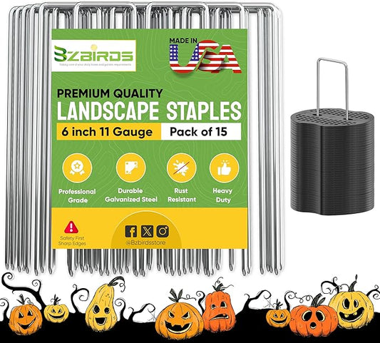 USA Made 15 Pack Landscape Staples 6 inch 11 Gauge Garden Stakes Galvanized Garden Staples | Metal Ground Stakes for Gardening| Yard Stakes for Decoration, Weed Barrier Fabric
