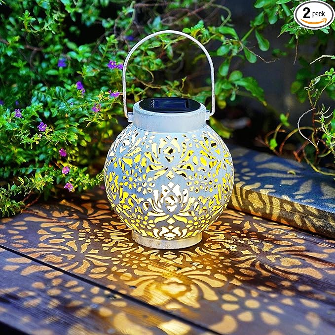 Set of 2 Outdoor Solar Hanging Lantern Lights Metal LED Decorative Lamp for Garden Patio Courtyard Lawn and Table with Hollowed-Out Design (White)