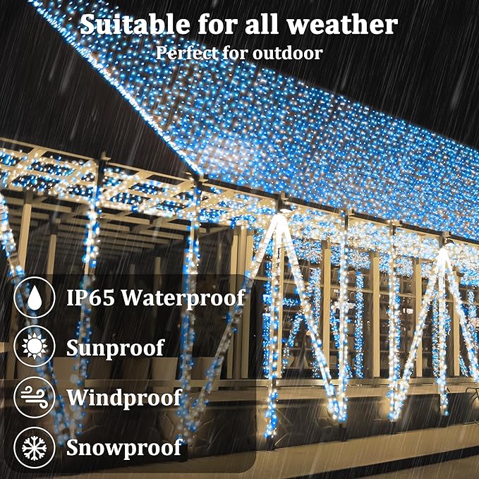 2-Pack 200FT Solar String Lights for Outside, 600 LED Extra-Bright Outdoor Light With 19 Modes & Timer, Waterproof Fairy Lights for Garden Patio Tree Christmas Decorations Blue & White