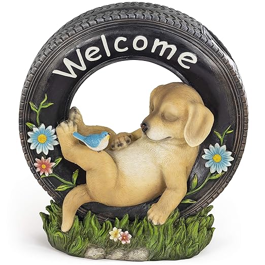 VP Home Chillaxing Welcome Puppy Dog Solar Powered LED Outdoor Decor Garden Light Outdoor Decor Garden Light Welcome Chillax Puppy Statues Outdoor Funny Figurine Decor for Outside Patio, Yard, Lawn