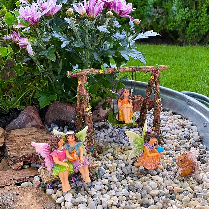 Mood Lab Fairy Garden - Accessories Kit with Miniature Figurines - Swing Set of 6 pcs - for Outdoor or House Decor